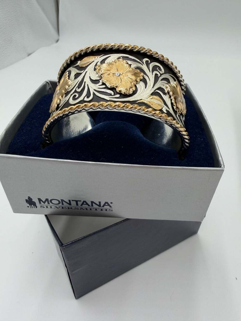 Montana Silversmiths Two Tone Western Floral Engraved Wide Cuff Bracelet Boxed
